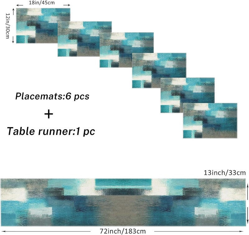 Emvency Farmhouse Table Runner and Placemats Set of 6, Cotton-Linen Abstract Teal and Grey Painting Art Dining Table Decor for Daily Use(1 Table Runner 72 inches Long and 6 Placemats) - Image 2