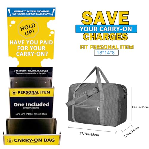 Beurlike For Spirit Airlines Personal Item Bag 18x14x8 Foldable Carry on Bags for Airplanes Travel Duffel Bags for Women and MenGrey With Shoulder Strap - Image 3