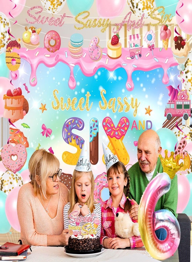 يومايها زينة عيد ميلاد "سويت ساسي آند سيكس" للبنات، لافتة "سويت ساسي آند سيكس"، خلفية لتزيين الكيك، بالونات، بالون فويل حلزوني معلق على شكل الرقم 6، مستلزمات حفلات عيد الميلاد السادس (آيس كريم، حلوى، دونات). - Image 4