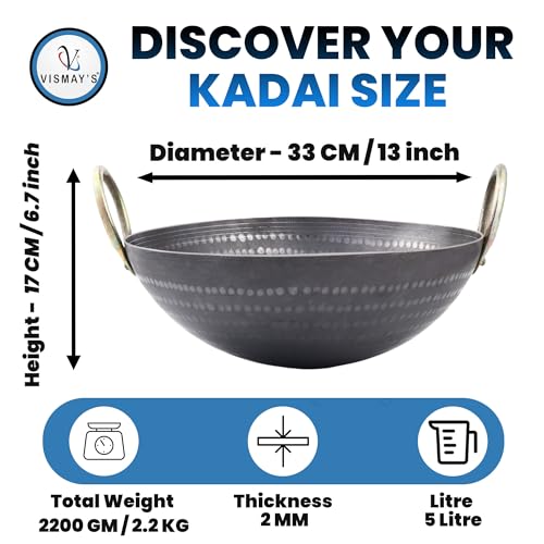 VISMAY'S 5 Litre 13 inch Food Grade Iron Kadai India’s 1st Smooth Edge Kadhai Strong Riveted Handle Traditional Frying Pan Wok Hammered Heavy Base Metal Spoon Friendly Works on Gas and Induction - Image 2