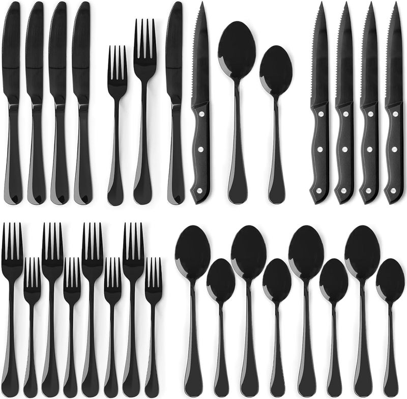 Astercook 24-Piece Black Silverware Set with Steak Knives Flatware Set for 4 Food-Grade Stainless Steel Cutlery Set Mirror Polished Utensils Set Include Spoons and Forks for Home Kitchen Restaurant - Image 1