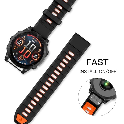 OVERSTEP Compatible with Fenix 8 47mm Watch Bands, 22mm Soft Siliocne Strap for Garmin Fenix 5/Fenix 5 Plus/Fenix 6/Fenix 6 Pro/Fenix 7 Smartwatch(Black, Orange) - Image 3