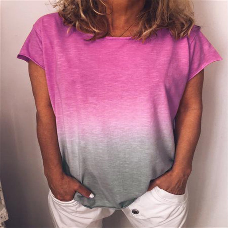 Europe and the United States summer cross-border hot women's T-shirt ebay hot rainbow gradient print T-shirt long-sleeved short-sleeved top Short Sleeve - Rose Red M - Image 1