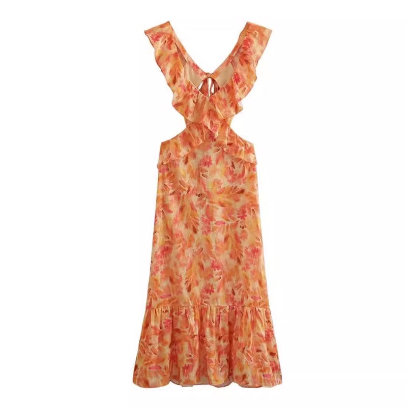 Women's European & American Style Spaghetti Strap Printed Ruffle Maxi Dress - Image 3