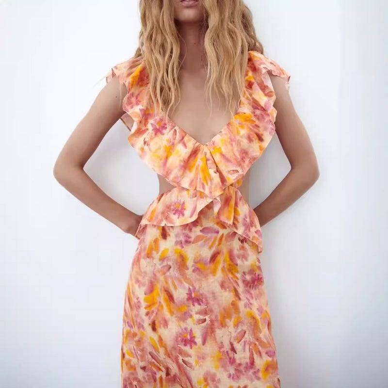 Women's European & American Style Spaghetti Strap Printed Ruffle Maxi Dress - Image 2