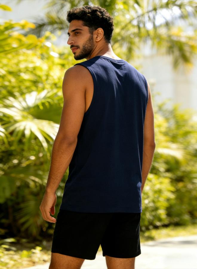Take Two Men Dark Blue Solid Round Neck Tank and Shorts Co-Ords - Image 2