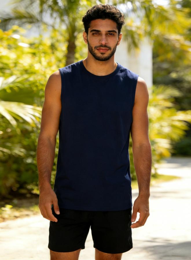 Take Two Men Dark Blue Solid Round Neck Tank and Shorts Co-Ords - Image 1