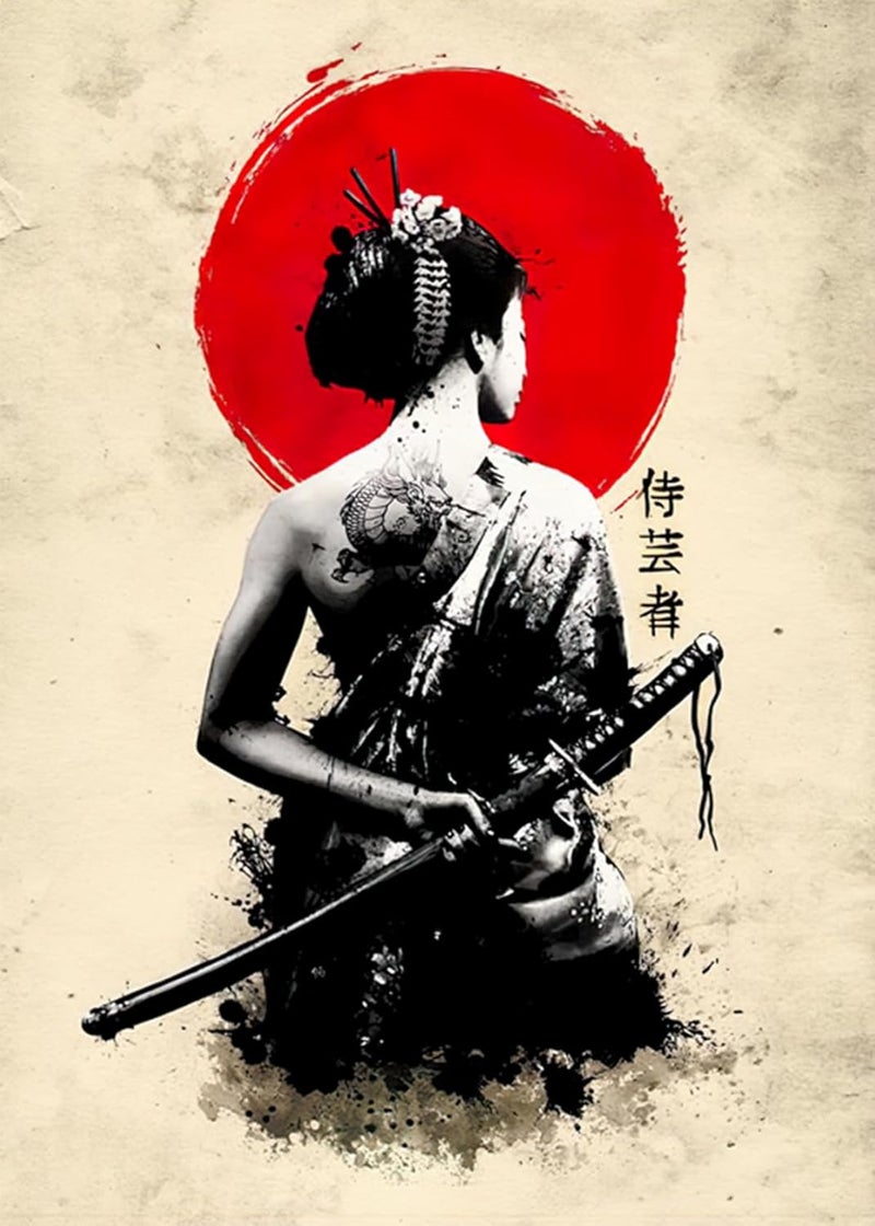Japanese Bushido Poster Images, Samurai Ninja Japanese Figure Painting, Japanese Figures and Mount Fuji, Unframed, JP-08, 1 piece - 30 x 40 cm / 11.81 x 15.75 inches - Image 1