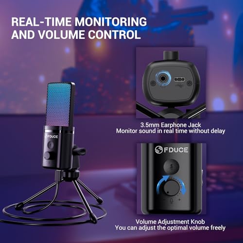 FDUCE M160 Gaming USB Microphone,RGB Condenser Microphone with Tripod,Volume Adjustment and Mute Button Function,Compatible with PC,Laptop,for Gaming,Podcasting,Streaming,YouTube - Image 4
