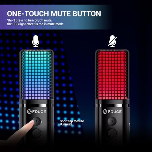 FDUCE M160 Gaming USB Microphone,RGB Condenser Microphone with Tripod,Volume Adjustment and Mute Button Function,Compatible with PC,Laptop,for Gaming,Podcasting,Streaming,YouTube - Image 3