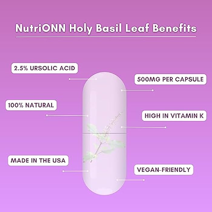 NutriONN Holy Basil Leaf Capsules - 500mg - 2.5% Ursolic Acid - 120 Vegan Capsules - Real Tulsi Extract Supplement - Positive Mindset - Adaptogenic & Ayurvedic Herb - Image 4