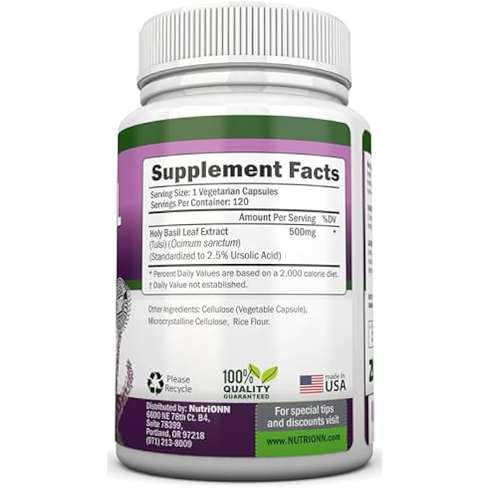 NutriONN Holy Basil Leaf Capsules - 500mg - 2.5% Ursolic Acid - 120 Vegan Capsules - Real Tulsi Extract Supplement - Positive Mindset - Adaptogenic & Ayurvedic Herb - Image 2