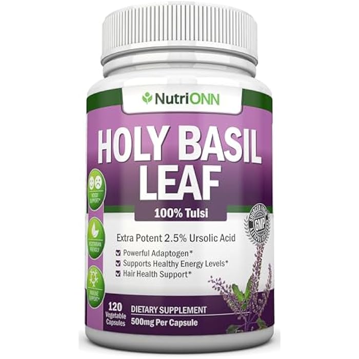 NutriONN Holy Basil Leaf Capsules - 500mg - 2.5% Ursolic Acid - 120 Vegan Capsules - Real Tulsi Extract Supplement - Positive Mindset - Adaptogenic & Ayurvedic Herb - Image 1