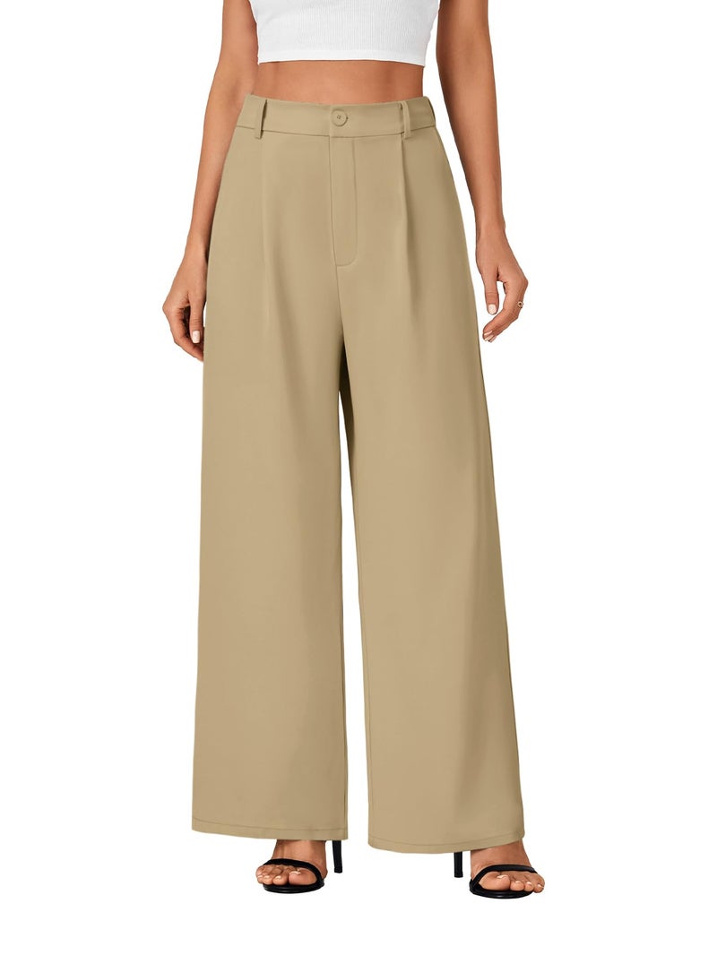 Rooscier Women's Wide Leg Pants High Elastic Waisted Business Work Trousers Long Straight Suit Pants Khaki Medium - Image 2