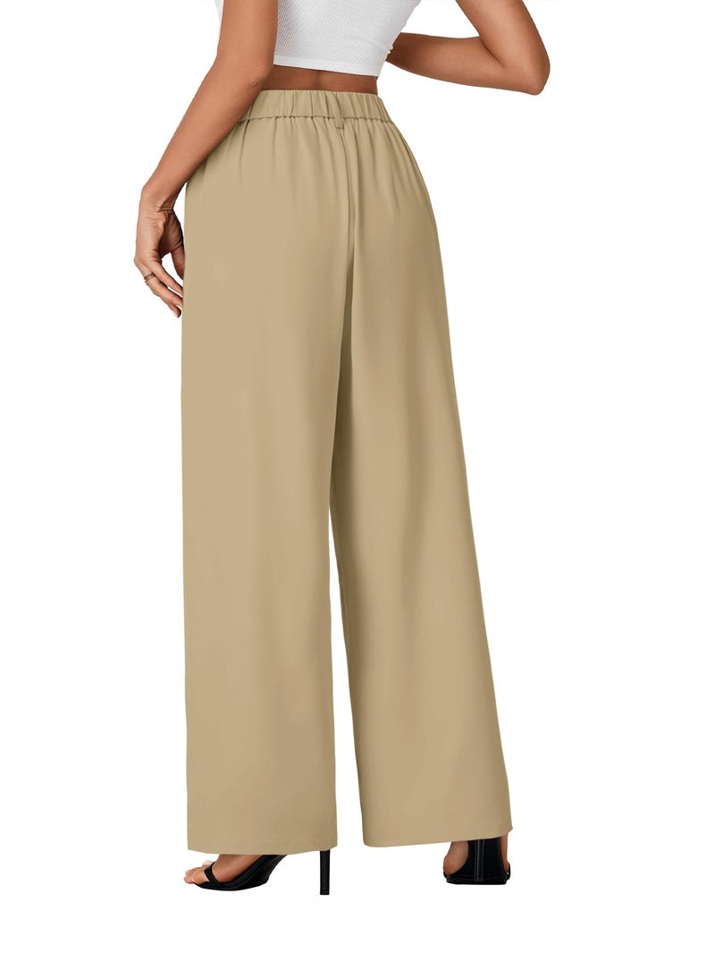 Rooscier Women's Wide Leg Pants High Elastic Waisted Business Work Trousers Long Straight Suit Pants Khaki Medium - Image 5