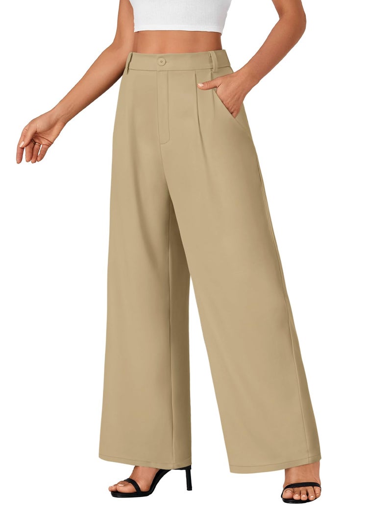 Rooscier Women's Wide Leg Pants High Elastic Waisted Business Work Trousers Long Straight Suit Pants Khaki Medium - Image 3