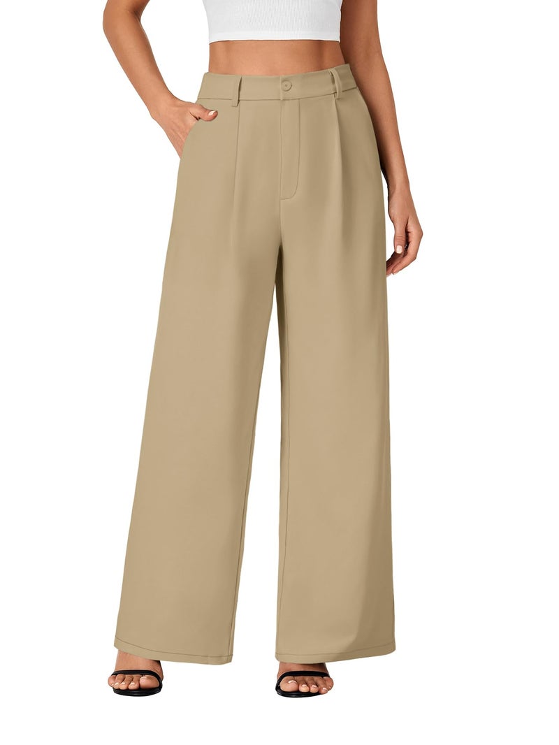 Rooscier Women's Wide Leg Pants High Elastic Waisted Business Work Trousers Long Straight Suit Pants Khaki Medium - Image 1