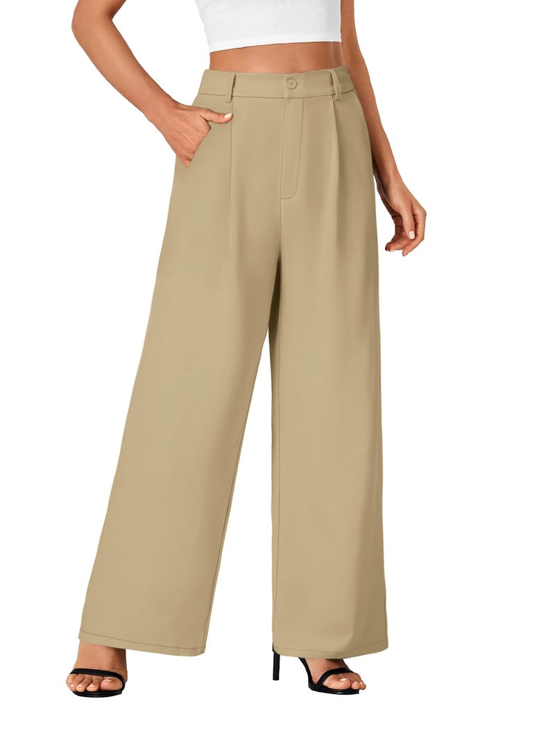 Rooscier Women's Wide Leg Pants High Elastic Waisted Business Work Trousers Long Straight Suit Pants Khaki Medium - Image 4