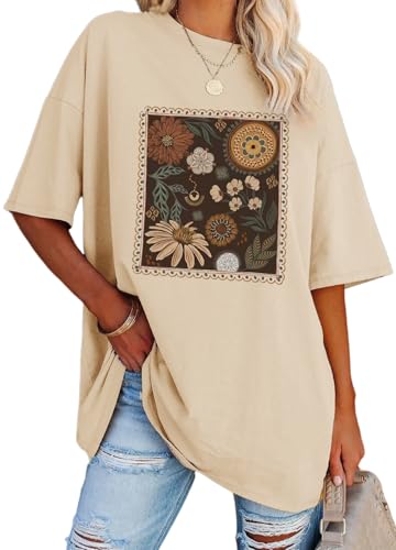 YEXIPO Women's Oversized T Shirts Summer Short Sleeve Loose Fit Casual Crewneck Plain Tunic Tops Apricot - Image 4