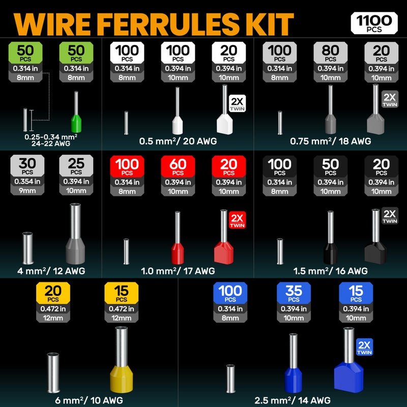 SOMELINE Ferrule Crimping Tool Kit,Wire Ferrules Kit,Hexagonal Ferrule Crimping Pliers (AWG 24-8) SOMELINE® Wire Crimping Tool, Wire Crimpers, Electrician tool kit with 21 Sizes Wiring Connectors Kit - Image 4