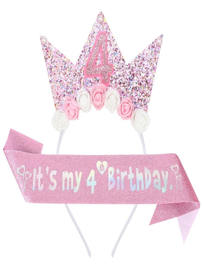 YARIEW 4th Birthday Decorations for Girls - Princess Crown Headband, Glitter Sash Kit and Tiara for Birthday Girls - Image 1