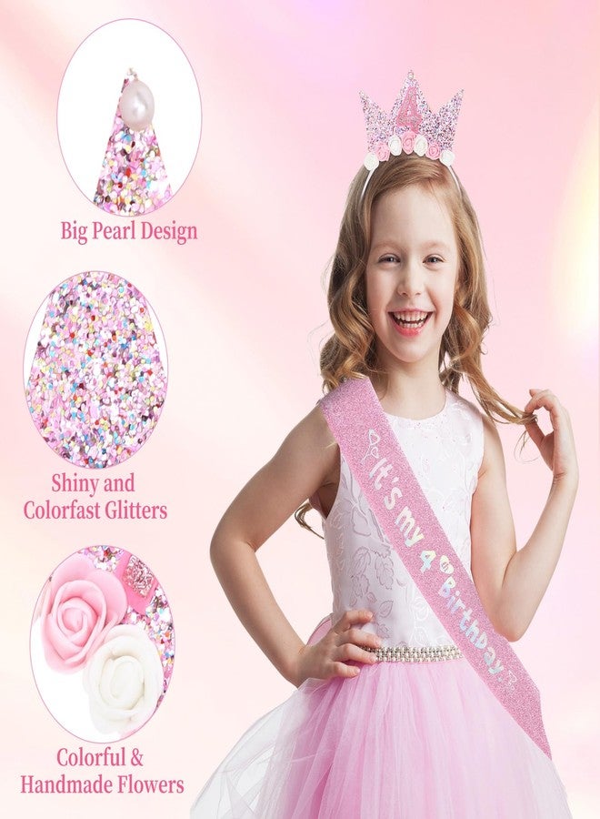 YARIEW 4th Birthday Decorations for Girls - Princess Crown Headband, Glitter Sash Kit and Tiara for Birthday Girls - Image 3