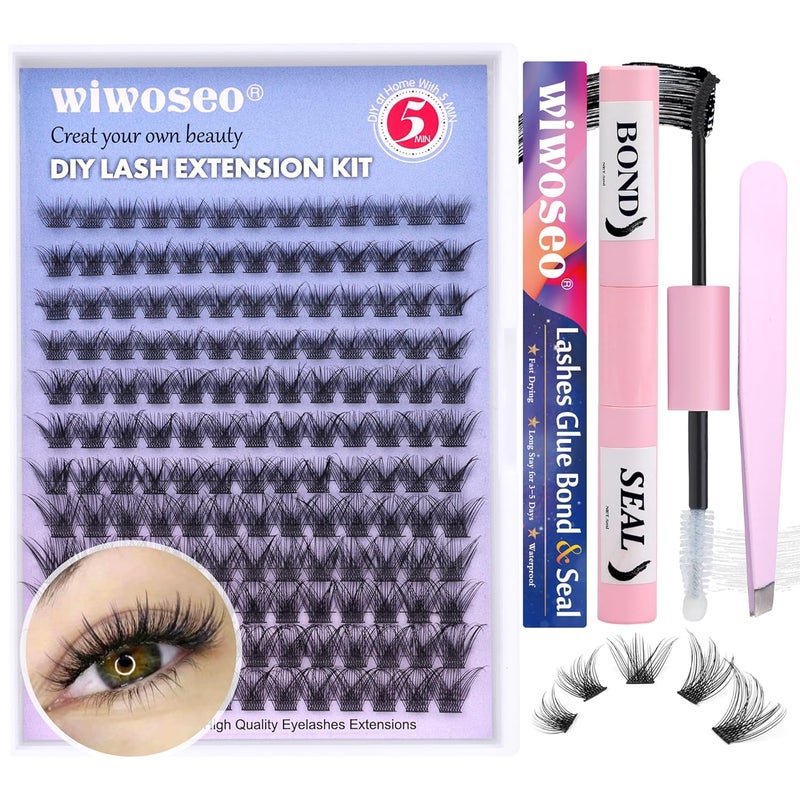 wiwoseo Lash Extensions Kit, Individual Cluster Eyelash Extension Kit Individual Lashes with Bond and Seal, DD Curl 156Pcs Individual Lash Clusters At Home Lash Extension Kit for Beginners (8-16MM)