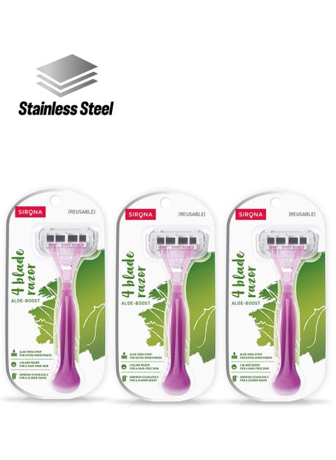 Sirona 4 Blade Reusable Razor for Womem with Aloe Boost For Smooth Arms, Legs & Bikini Line (Reusable Razor, Pack of 3)