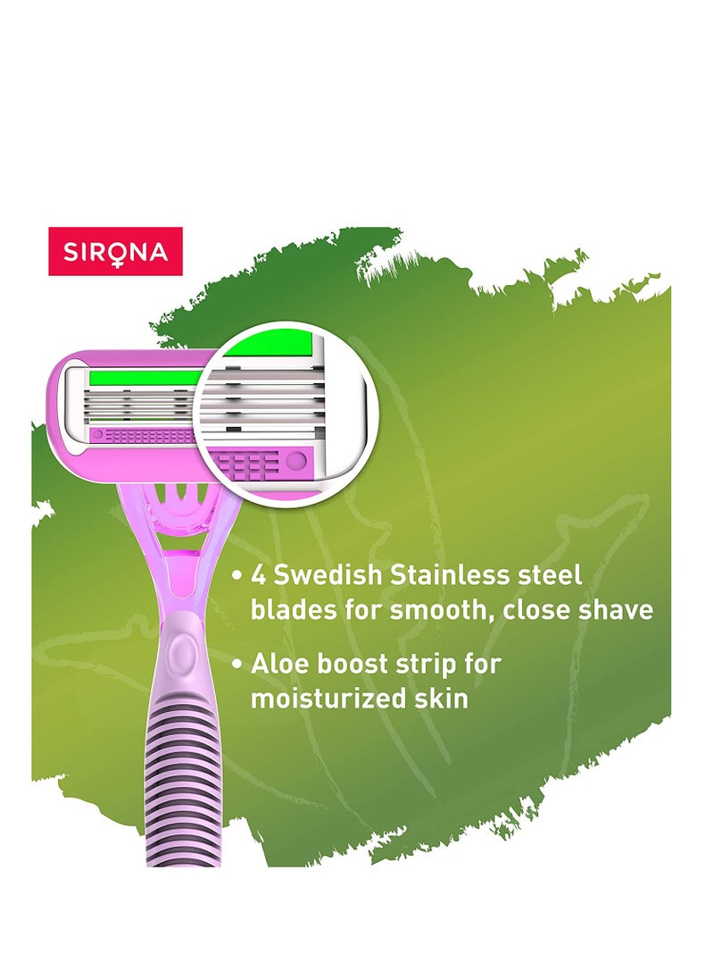 Sirona - Sirona 4 Blade Reusable Razor for Womem with Aloe Boost For Smooth Arms, Legs & Bikini Line (Reusable Razor, Pack of 3) - Image 1