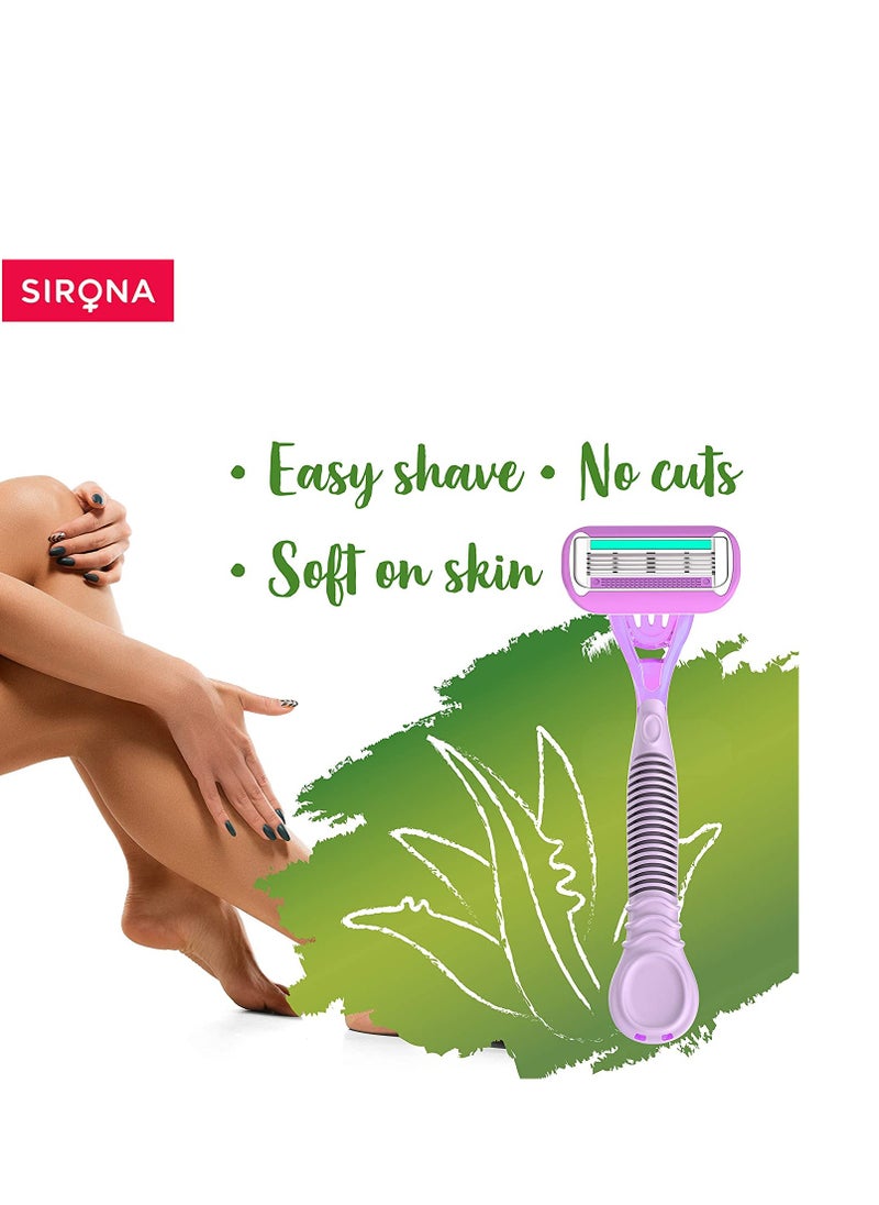 Sirona - Sirona 4 Blade Reusable Razor for Womem with Aloe Boost For Smooth Arms, Legs & Bikini Line (Reusable Razor, Pack of 3) - Image 1