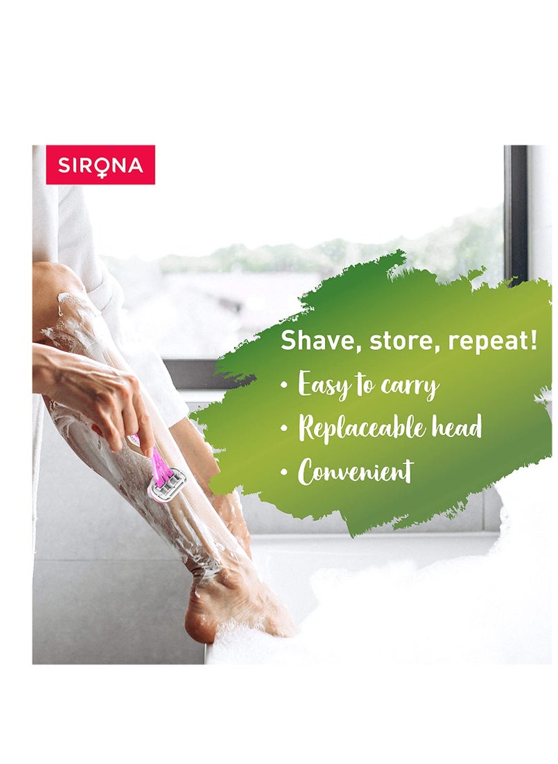Sirona - Sirona 4 Blade Reusable Razor for Womem with Aloe Boost For Smooth Arms, Legs & Bikini Line (Reusable Razor, Pack of 3) - Image 1