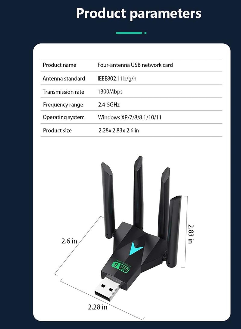 General AC1300 USB WiFi Adapter, Suitable for PC Desktop 2.4G/5G Dual Band 1300M Wireless Network Adapter, WiFi dongle, Supporting Windows 11/10/8.1/8/7/XP/Mac  - Image 2