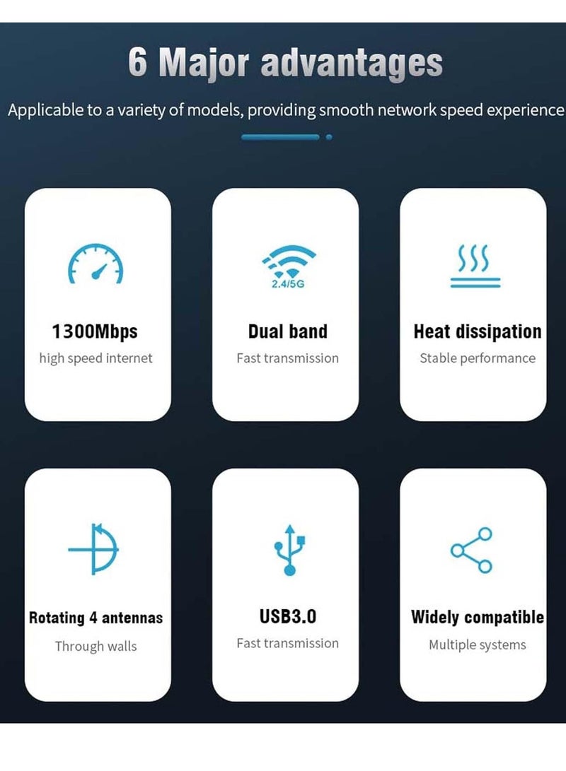 General AC1300 USB WiFi Adapter, Suitable for PC Desktop 2.4G/5G Dual Band 1300M Wireless Network Adapter, WiFi dongle, Supporting Windows 11/10/8.1/8/7/XP/Mac  - Image 5