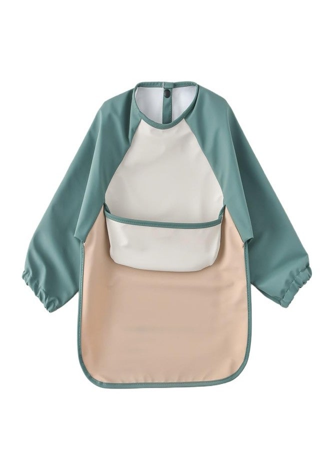 GZMM Waterproof Baby Bibs,Infant Toddler Long Sleeve Feeding Bib With Food Catcher,Wipe Clean & Washable(Green+grey+khaki) - Image 1