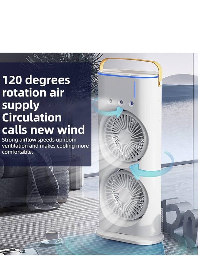 Portable Desk Fan, Dual-Mounted Water Mist Air Cooler with 3 Speed ​​Control and 7 Color Lights, 120° Rotating Portable Air Conditioner, USB Rechargeable for Room, Office and Car Use