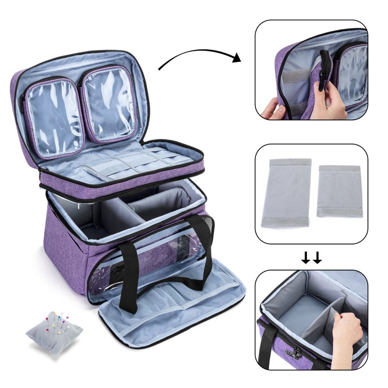 BAFASO Double Layer Sewing Accessories Organizer with 2 Detachable Pouches, Large Sewing Storage Bag for Sewing Tools (Bag ONLY), Purple - Image 3