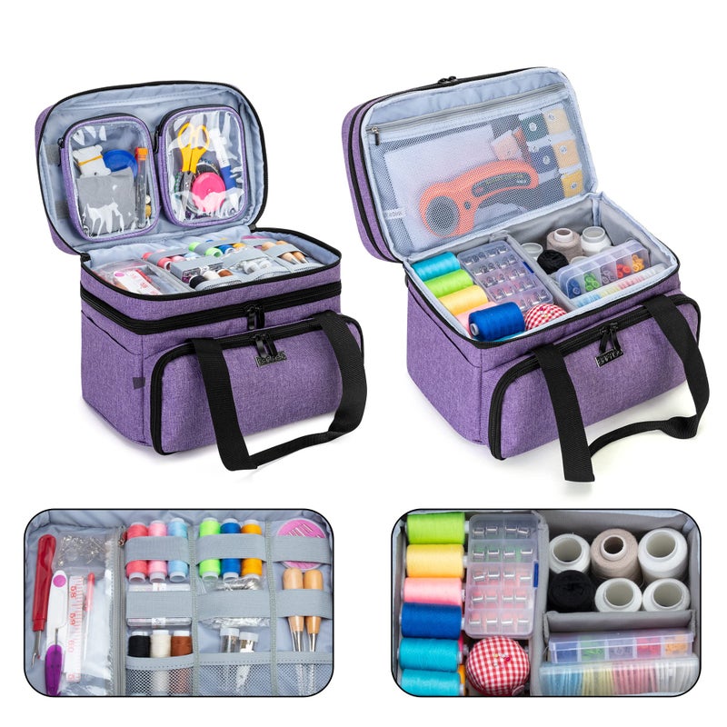 BAFASO Double Layer Sewing Accessories Organizer with 2 Detachable Pouches, Large Sewing Storage Bag for Sewing Tools (Bag ONLY), Purple - Image 2