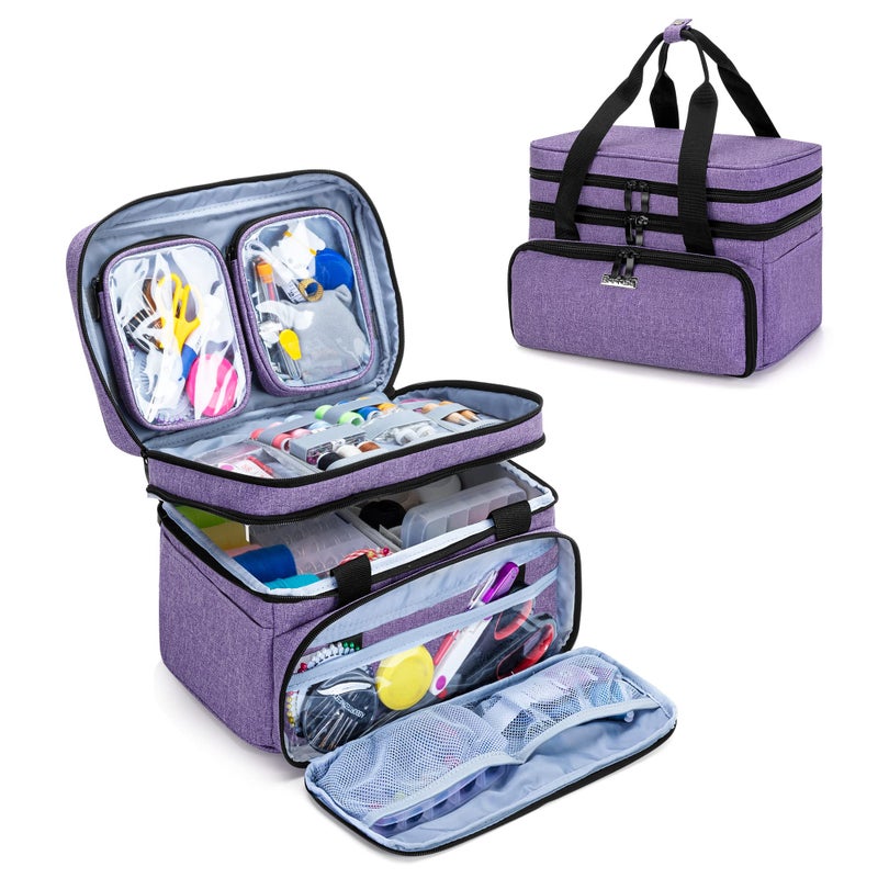 BAFASO Double Layer Sewing Accessories Organizer with 2 Detachable Pouches, Large Sewing Storage Bag for Sewing Tools (Bag ONLY), Purple - Image 1