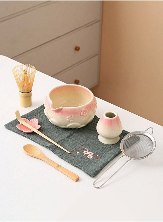 ميدي مجموعة وعاء ماتشا بزهور الكرز الوردية الباستيلية 8 قطع، مناسبة لصنع ماتشا لاتيه، هدية مثالية لعشاق الماتشا، أداة طقوس شاي عصر سونغ، مثالية للمبتدئين في الماتشا - Image 1