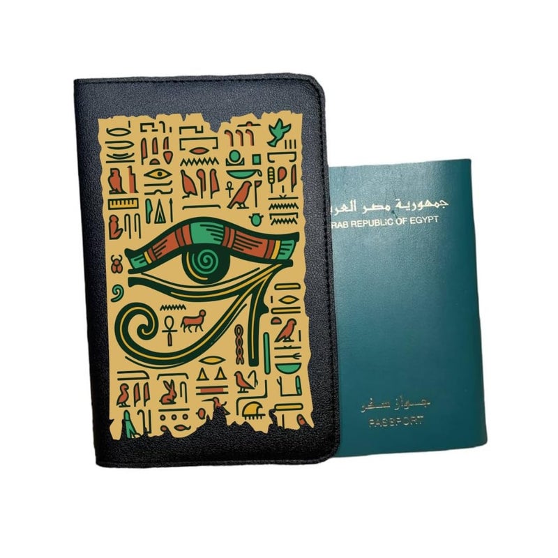 Egyptian Pharaonic Passport Holder – Black PU Leather Travel Cover with Card Slots – Unisex Travel Wallet – DTF Printed Egyptian Design – Perfect Travel Gift from Egypt (Design Number 2) - Image 1