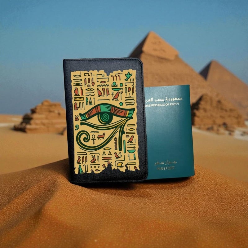 Egyptian Pharaonic Passport Holder – Black PU Leather Travel Cover with Card Slots – Unisex Travel Wallet – DTF Printed Egyptian Design – Perfect Travel Gift from Egypt (Design Number 2) - Image 2