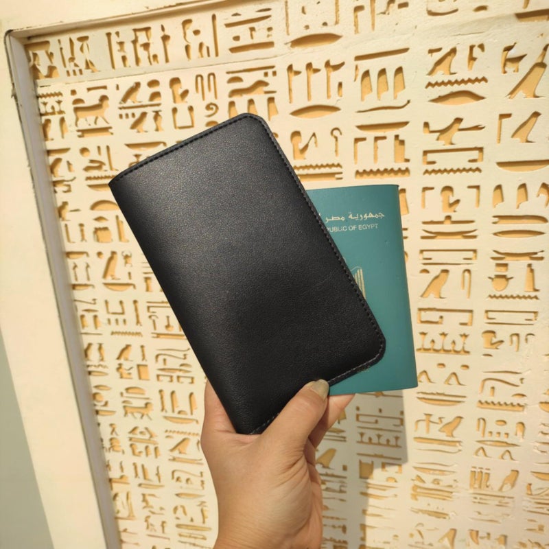 Egyptian Pharaonic Passport Holder – Black PU Leather Travel Cover with Card Slots – Unisex Travel Wallet – DTF Printed Egyptian Design – Perfect Travel Gift from Egypt (Design Number 2) - Image 3