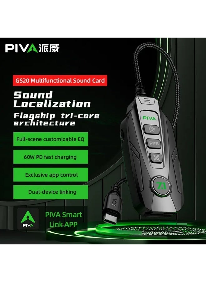 بيفا كارت الصوت والمكبر PIVA GS20 قادر على إنشاء صوت محيطي بـ 7.1 قناة. بفضل تصميمه الصغير وسهولة التثبيت والإعداد السريع، يحتوي على أربع إعدادات متكافئة (EQ) ويدعم الشحن السريع بقدرة 60 واط PD. يحتوي على منفذ 3.5 مم ومنفذ نوع C. وهو متوافق مع أنظمة ويندوز 7 إلى 11، وأندرويد، وماك أو إس، وآي أو إس. - Image 2