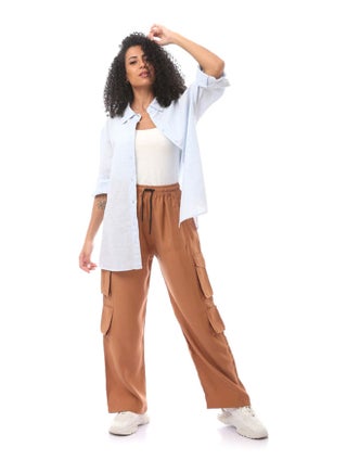 Slip On Pants With Elastic Waist & Pockets-Camel