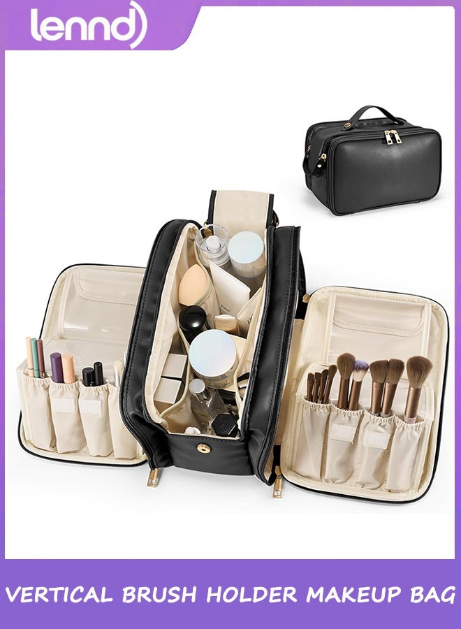LENND Travel Makeup Bag Women's Large Capacity Cosmetic Portable Organizer Large Opening Waterproof Storage Toiletry Bags Vertical Free-Standing Brush Holder for Easy Access Black - Image 1