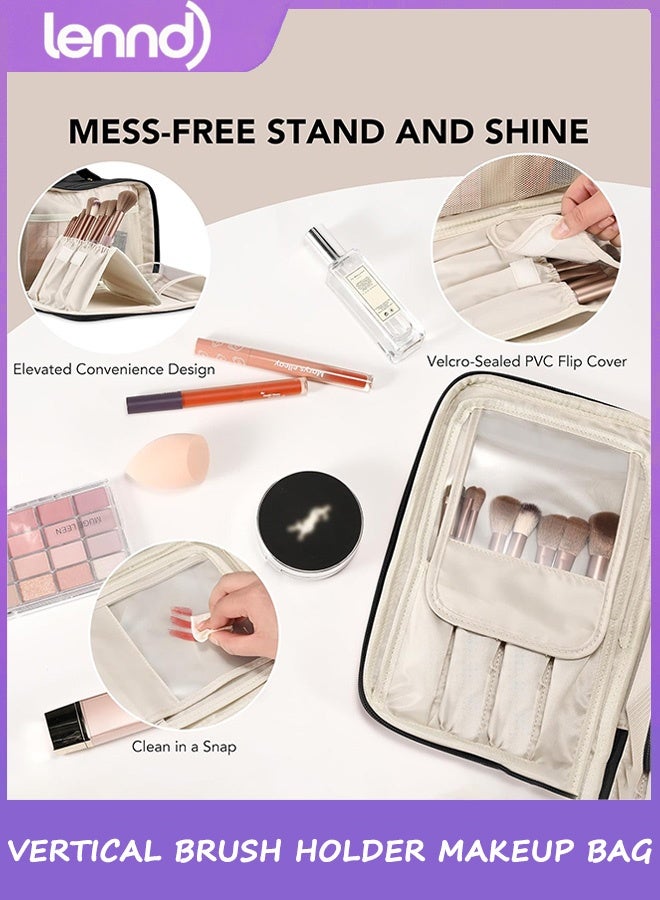 LENND Travel Makeup Bag Women's Large Capacity Cosmetic Portable Organizer Large Opening Waterproof Storage Toiletry Bags Vertical Free-Standing Brush Holder for Easy Access Black - Image 2