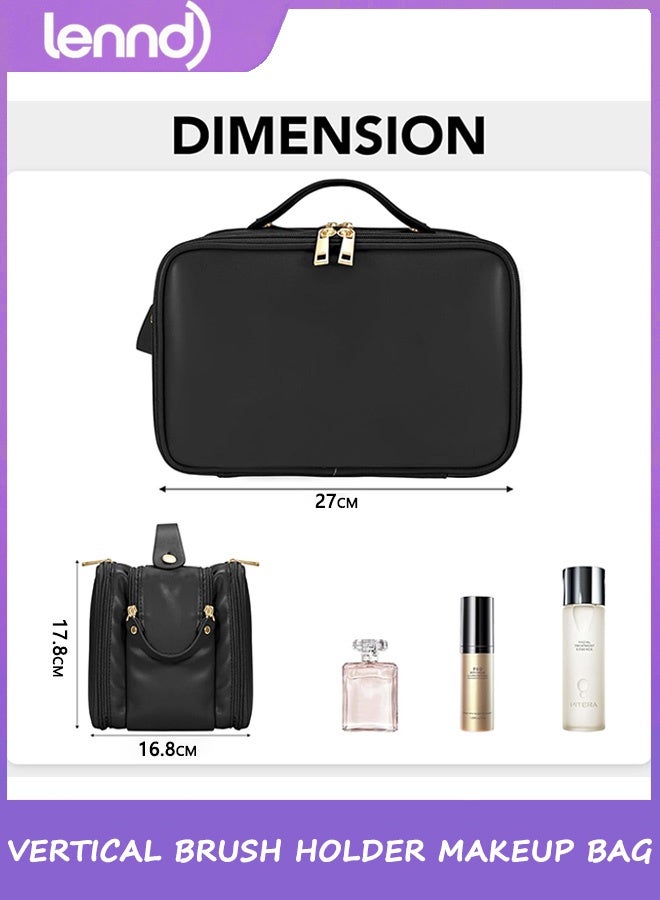 LENND Travel Makeup Bag Women's Large Capacity Cosmetic Portable Organizer Large Opening Waterproof Storage Toiletry Bags Vertical Free-Standing Brush Holder for Easy Access Black - Image 3