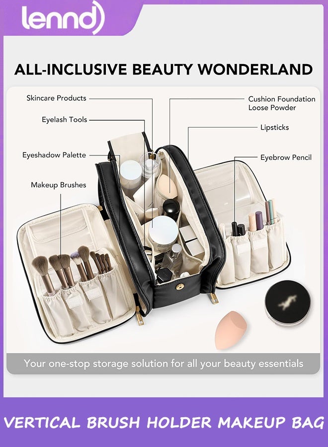 LENND Travel Makeup Bag Women's Large Capacity Cosmetic Portable Organizer Large Opening Waterproof Storage Toiletry Bags Vertical Free-Standing Brush Holder for Easy Access Black - Image 4