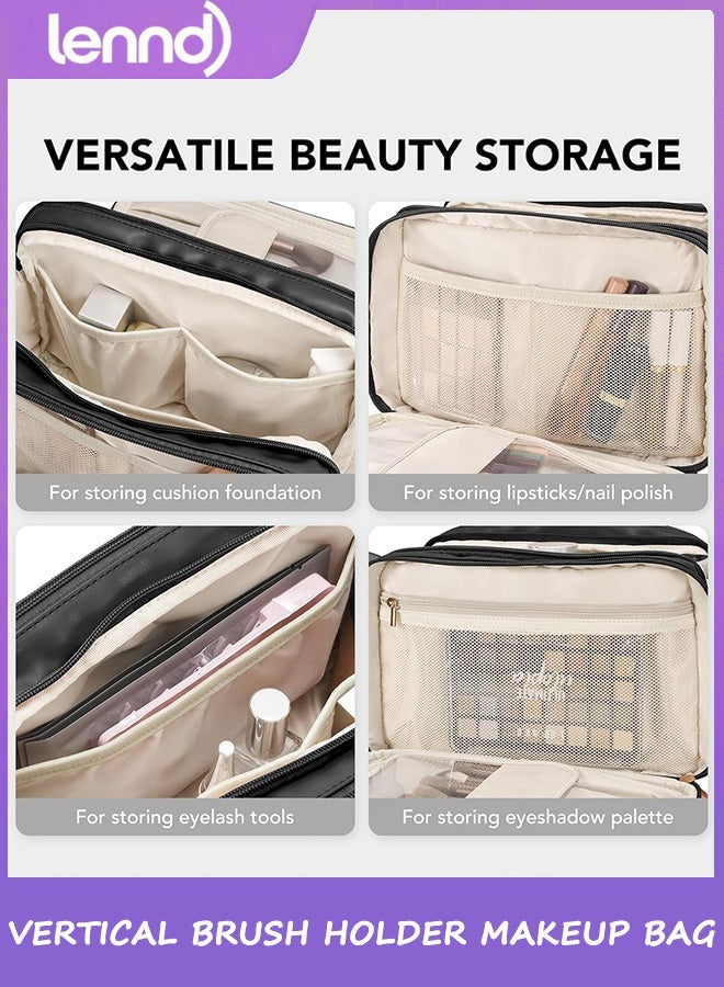 LENND Travel Makeup Bag Women's Large Capacity Cosmetic Portable Organizer Large Opening Waterproof Storage Toiletry Bags Vertical Free-Standing Brush Holder for Easy Access Black - Image 5