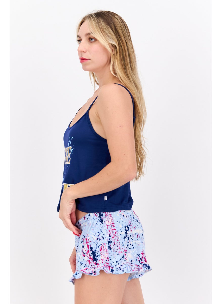 French Affair Women 2 Piece Allover Print Top And Bottom Set, Navy  - Image 2